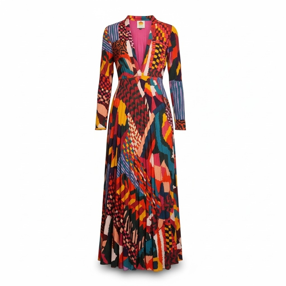 Farm Rio Red Abstract Patchwork Maxi Dress Long Sleeve Wrap Style Size Large - Picture 6 of 15